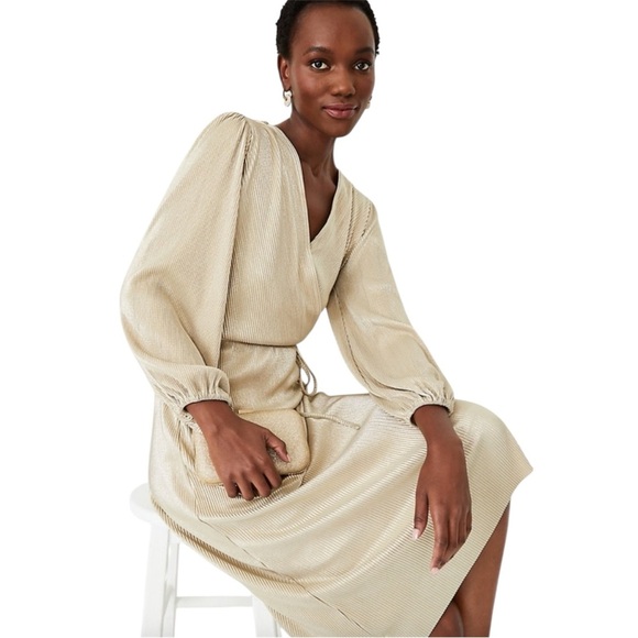 Ann Taylor | NWT | Metallic Pleated Faux Wrap Dress | XSP Petite - Picture 4 of 11